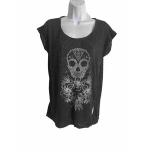 Guess Black Womens T-Shirt Size S Sugar Skulls Flowers Gothic Tee Cap Sleeve Top